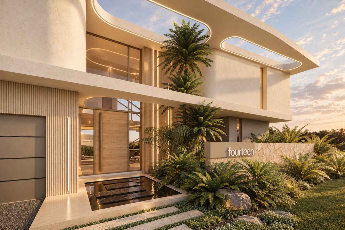 Modern architectural front facade featuring stone cladding, integrated lighting, a water feature, and a grand pivot entrance door.