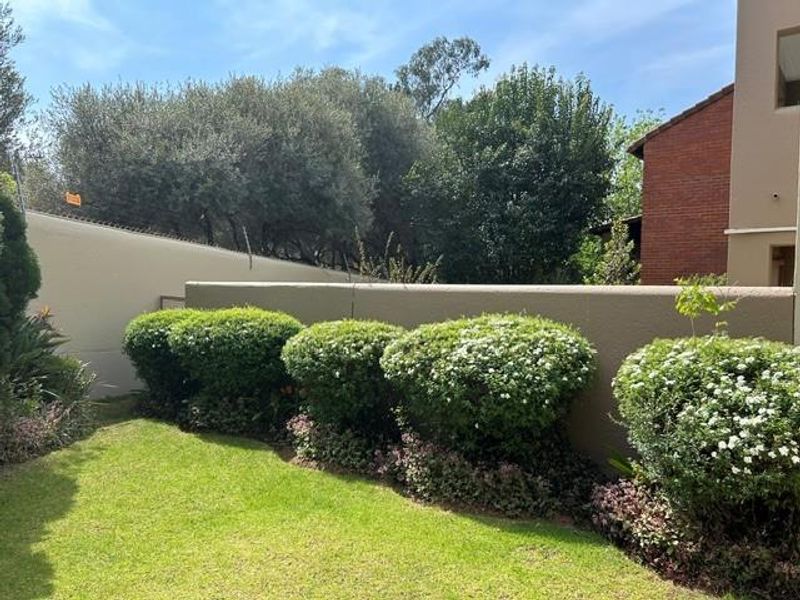A well-maintained private garden area featuring a boundary wall with integrated electric fencing and established shrubbery.