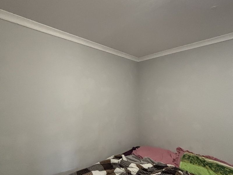 A simple bedroom corner featuring neutral wall paint and decorative ceiling cornicing.