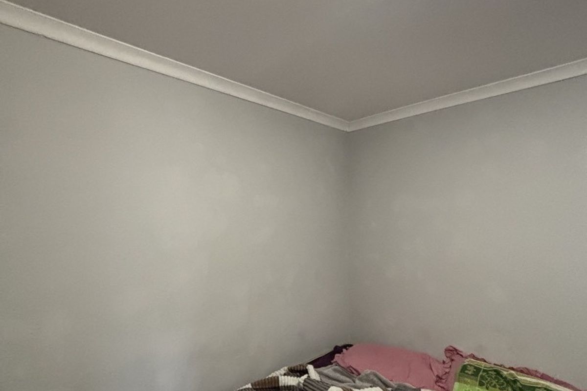 A simple bedroom corner featuring neutral wall paint and decorative ceiling cornicing.