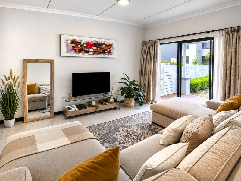 Bright and well-maintained living room featuring large sliding glass doors that provide seamless access to the outdoor patio area.