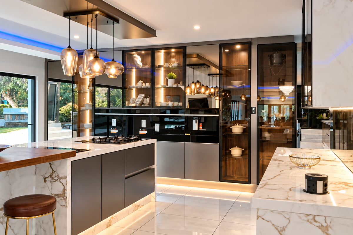 Modern luxury kitchen featuring marble countertops, integrated appliances, glass-fronted cabinetry, and sophisticated LED accent lighting with direct access to the garden.