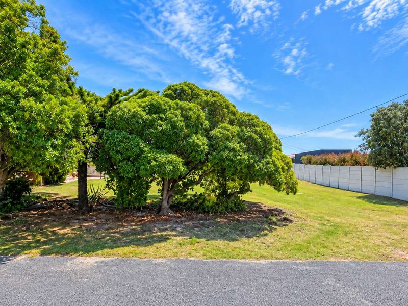 A vacant residential plot featuring established trees, a grass lawn, and a precast concrete boundary wall.