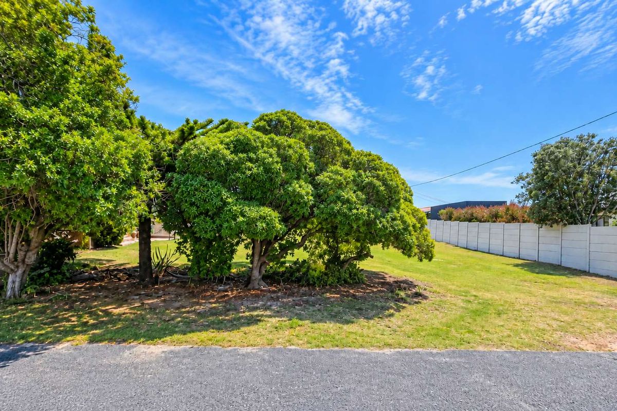 A vacant residential plot featuring established trees, a grass lawn, and a precast concrete boundary wall.