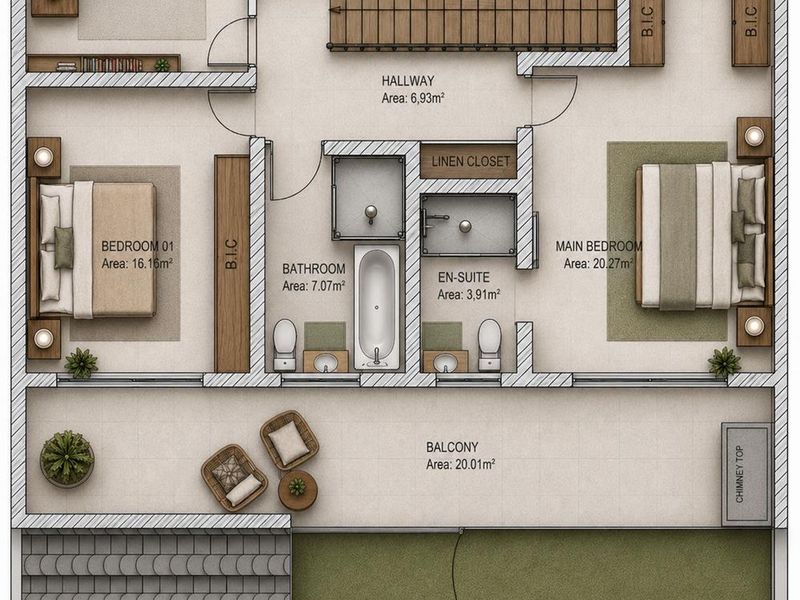 A detailed architectural floor plan showing the layout of the upper level, including two bedrooms, two bathrooms, an office, and a spacious balcony.
