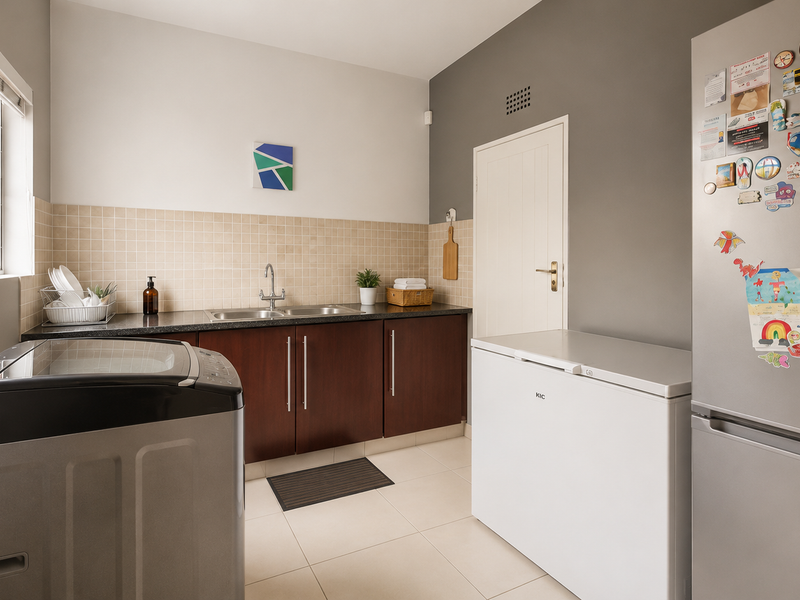 A functional laundry room featuring built-in cabinetry, a double sink, tiled backsplash, and tiled flooring with space for multiple appliances.