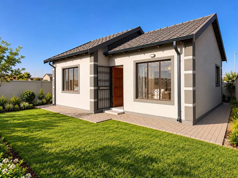 A well-maintained single-story house exterior featuring a tiled roof, paved walkway, and a neat garden with boundary walling.