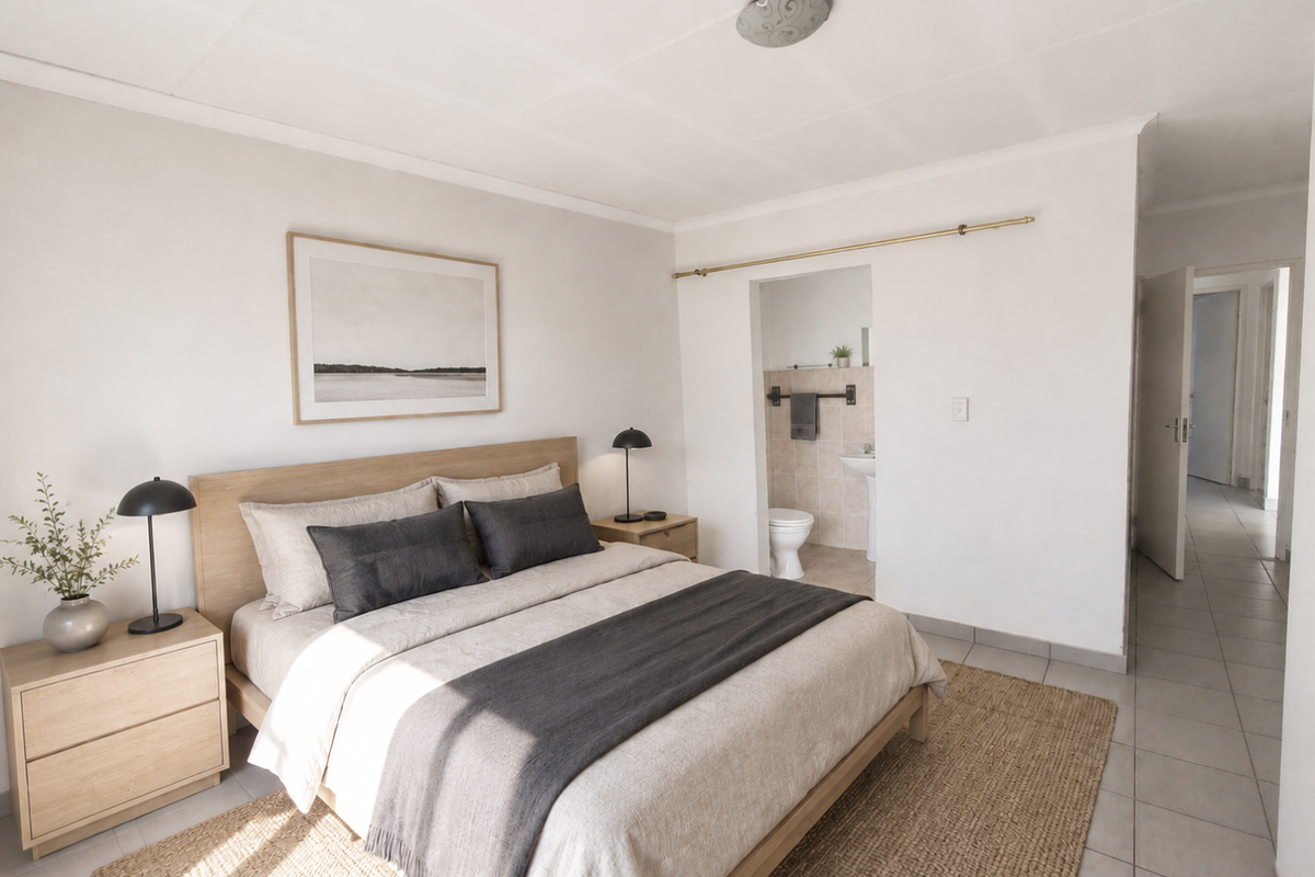 A well-lit bedroom featuring neutral tones, tiled flooring, and an en-suite bathroom with a pedestal basin and toilet.