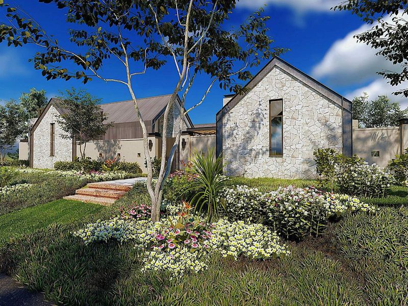 A high-quality architectural rendering of a modern residential property featuring stone cladding, pitched roofs, and landscaped garden areas.