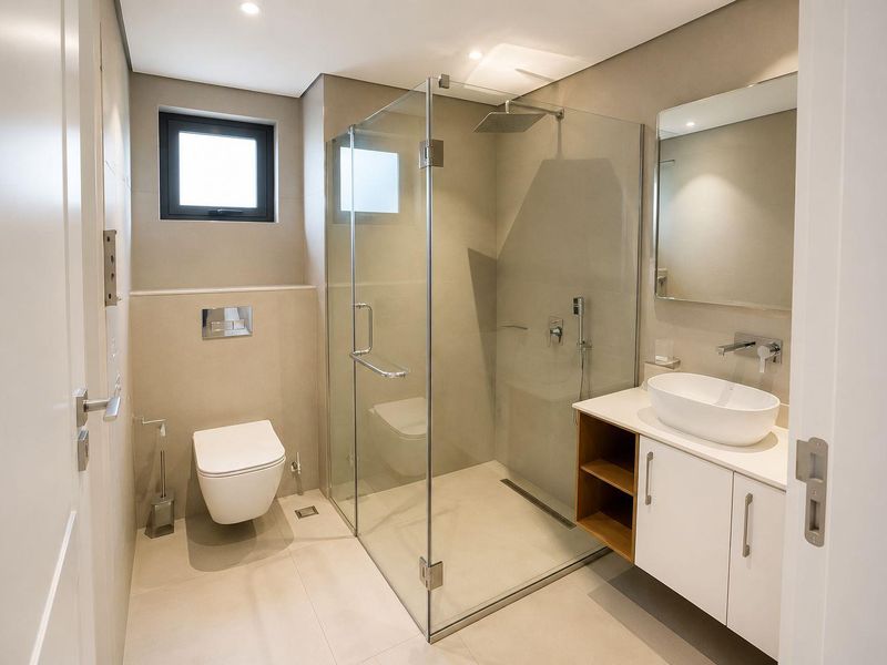 Modern bathroom featuring a wall-hung toilet, glass-enclosed walk-in shower with rain head, and a sleek vanity with a vessel sink.