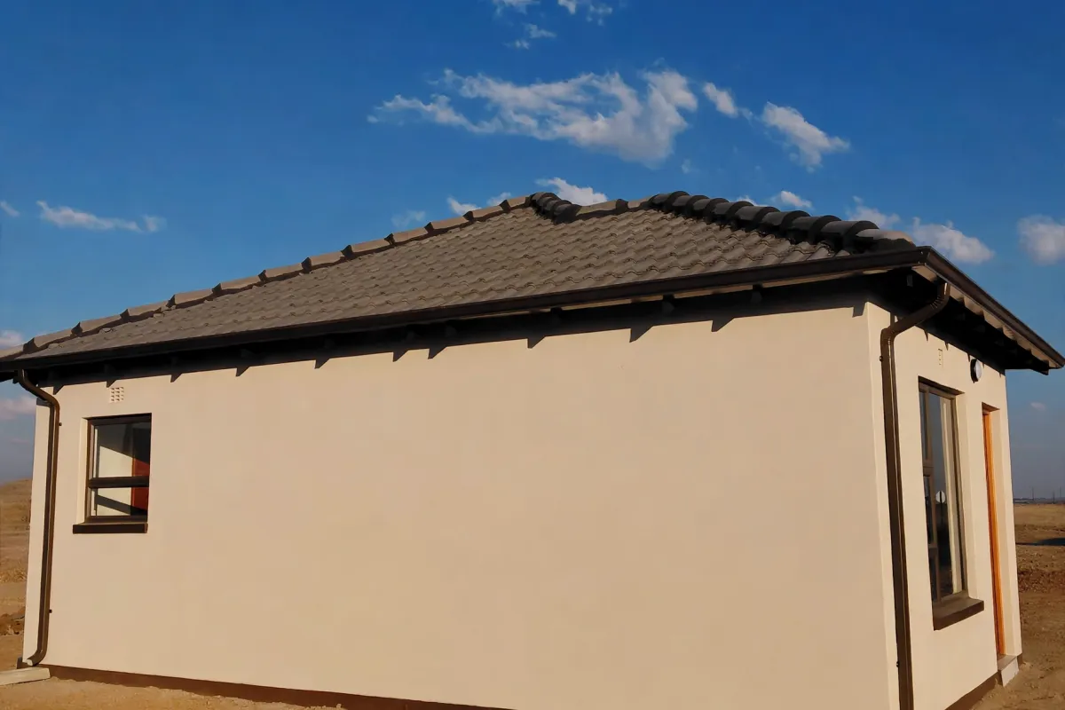 A view of the rear exterior of a modern house featuring a tiled roof, plastered walls, and aluminium window frames.
