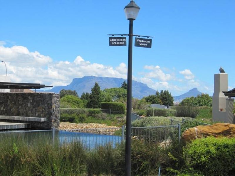 Scenic view of the surrounding landscape and mountains, featuring a landscaped garden, water feature, and outdoor fireplace.