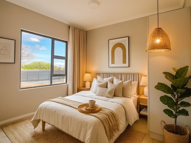 A well-maintained bedroom featuring neutral tones, built-in wardrobe storage, and a large window providing natural light.