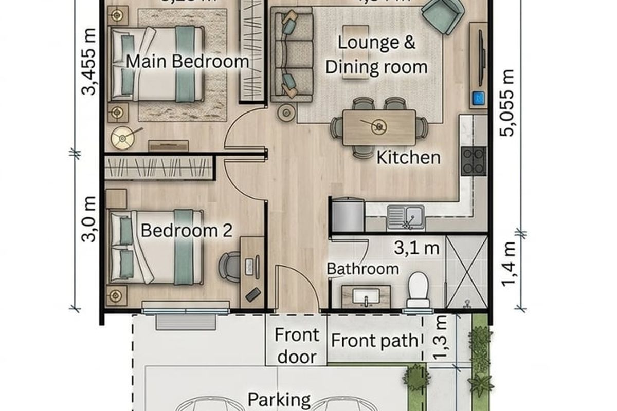 A detailed architectural floor plan showing the layout of a two-bedroom house with an open-plan living area, kitchen, bathroom, and parking bays.