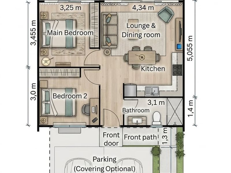 A detailed architectural floor plan showing the layout of a two-bedroom house with an open-plan living area, kitchen, bathroom, and parking bays.