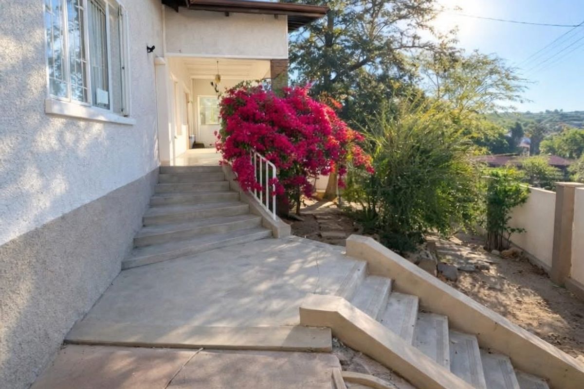 Rear exterior view featuring a concrete staircase leading to a covered patio area with established garden surroundings.