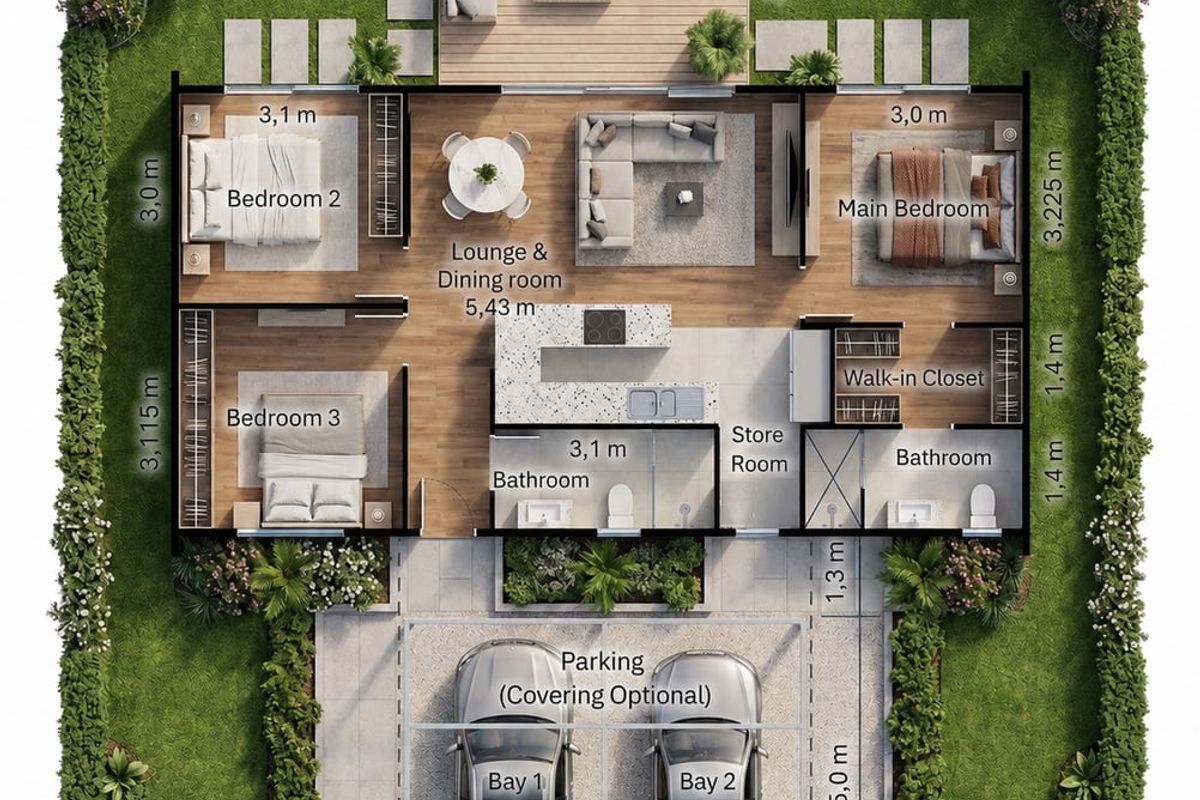 A detailed architectural floor plan showing a three-bedroom house layout with an open-plan living area, kitchen, bathrooms, and outdoor parking space.