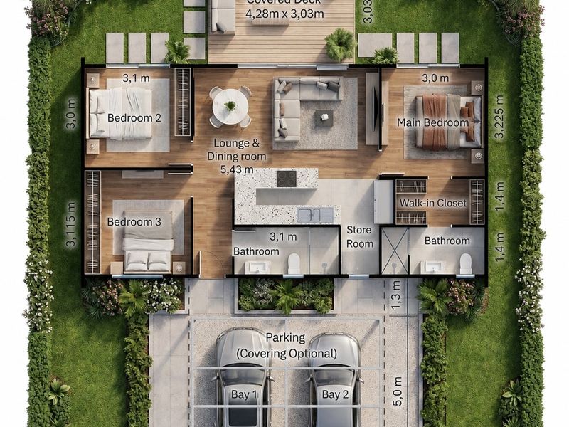 A detailed architectural floor plan showing a three-bedroom house layout with an open-plan living area, kitchen, bathrooms, and outdoor parking space.