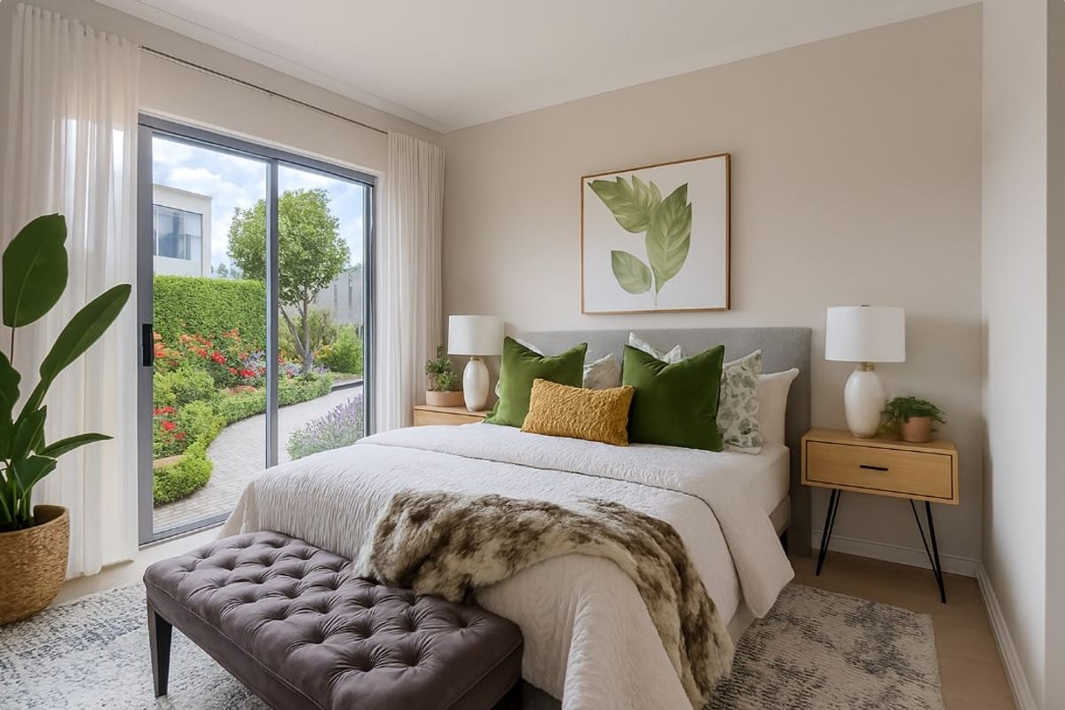 A bright, well-maintained bedroom featuring modern laminate flooring and a large sliding glass door providing direct access to the garden.