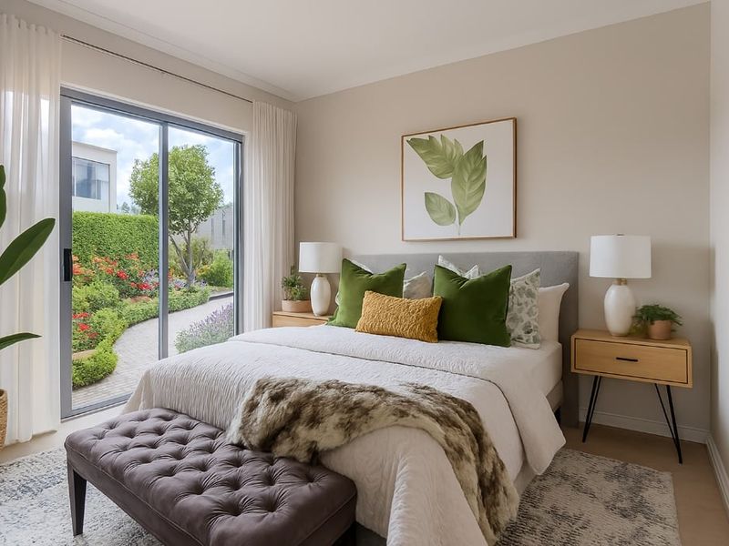 A bright, well-maintained bedroom featuring modern laminate flooring and a large sliding glass door providing direct access to the garden.
