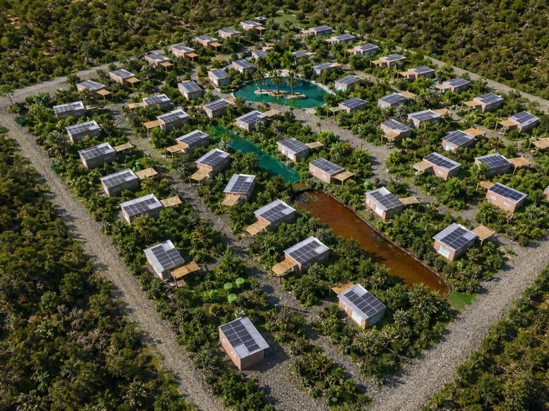 Aerial view of a lodge complex featuring multiple individual units with solar panels, a central swimming pool, and extensive landscaped grounds.