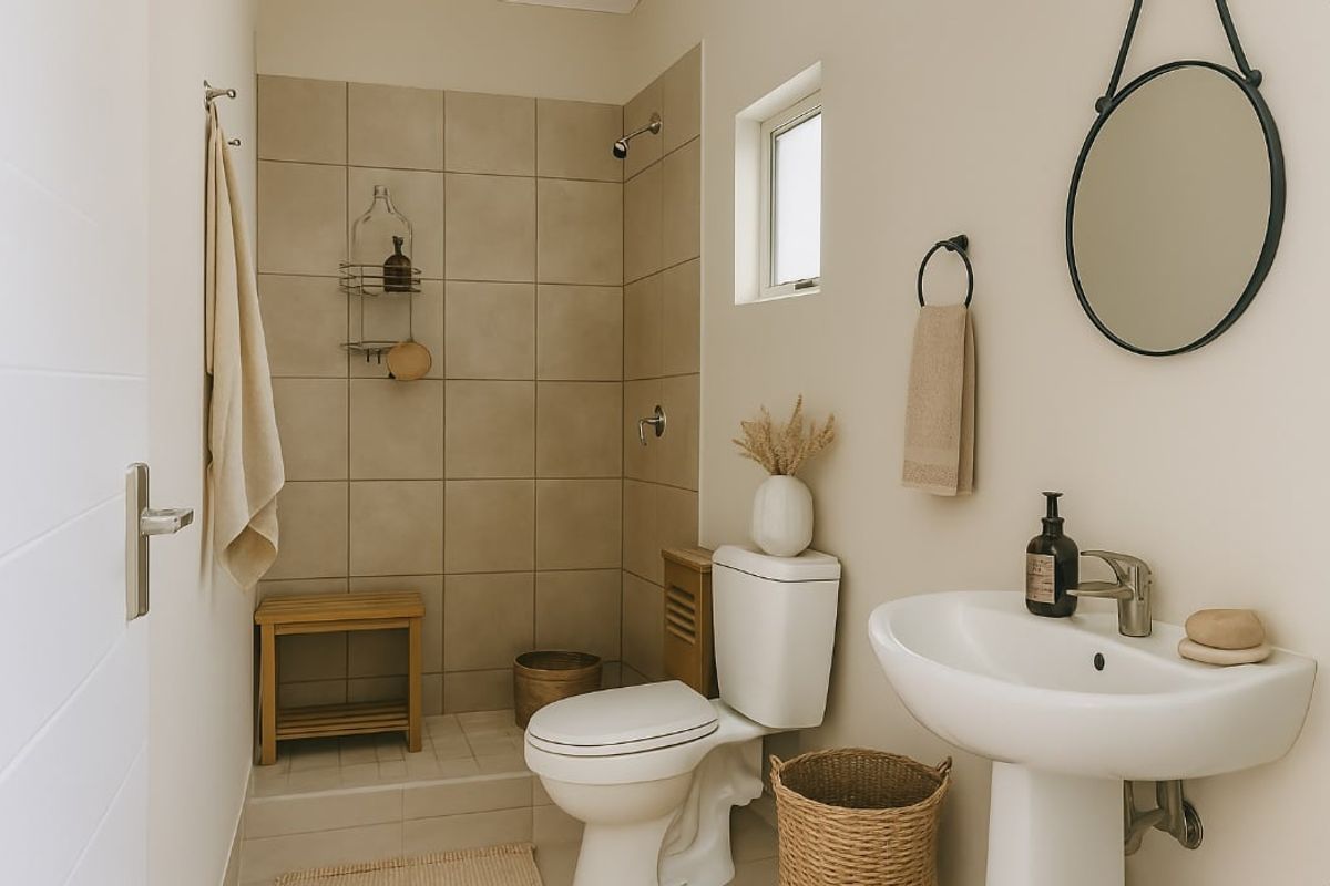 A clean and well-maintained bathroom featuring a pedestal basin, toilet, and a tiled shower enclosure with neutral finishes.