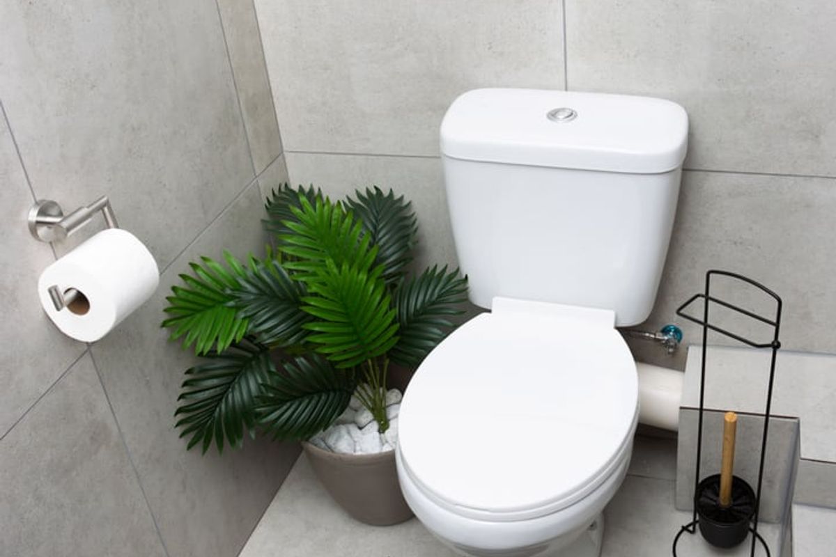 A clean, modern bathroom featuring neutral large-format wall and floor tiles, equipped with a standard white ceramic toilet suite.