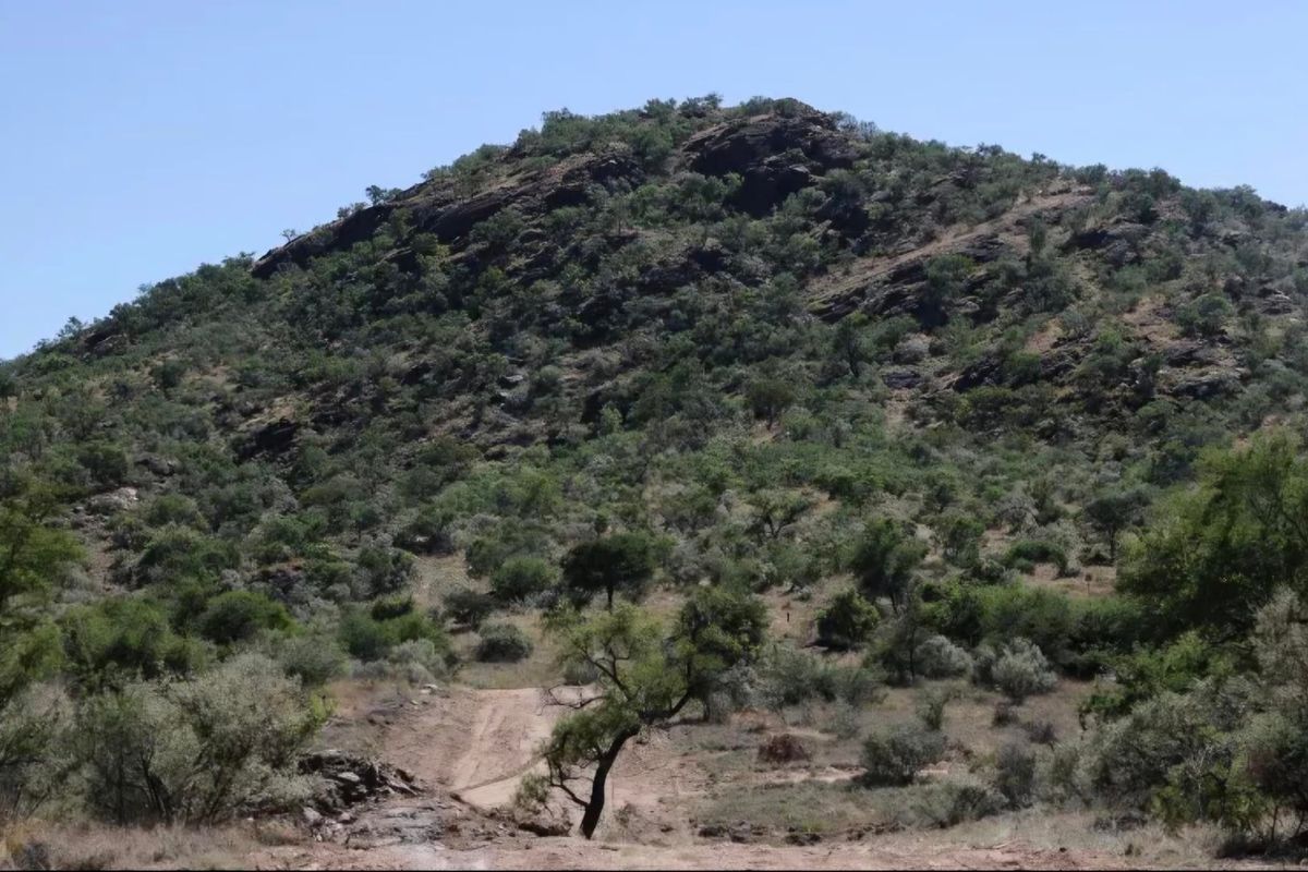 A scenic view of a natural rocky hillside with indigenous vegetation, showcasing the rugged landscape of the vacant residential property.
