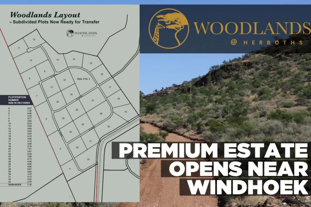 A promotional layout map showing subdivided residential plots in the Woodlands estate, including a landscape view of the surrounding terrain.