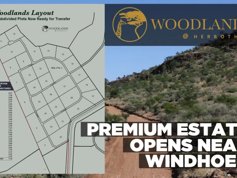 A promotional layout map showing subdivided residential plots in the Woodlands estate, including a landscape view of the surrounding terrain.