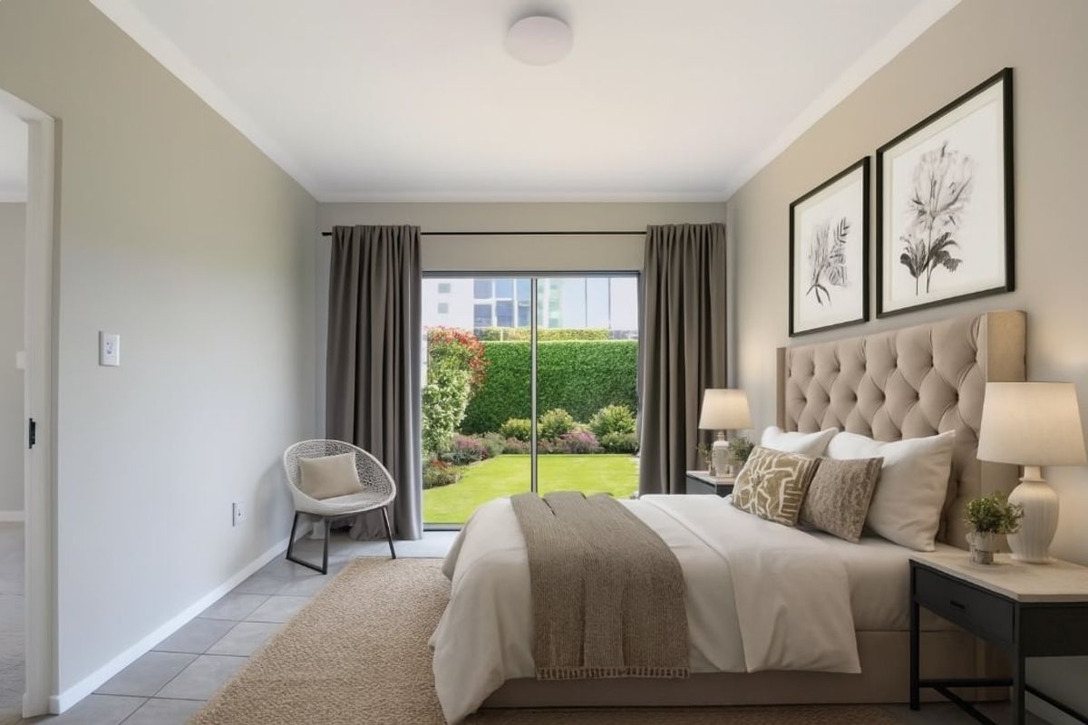 A well-lit bedroom featuring tiled flooring and a sliding glass door that provides direct access to the rear garden.