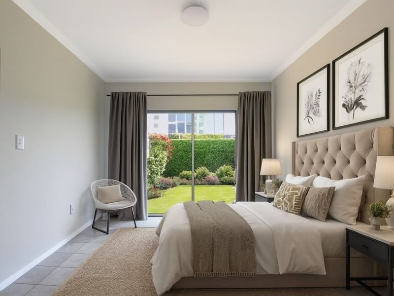 A well-lit bedroom featuring tiled flooring and a sliding glass door that provides direct access to the rear garden.