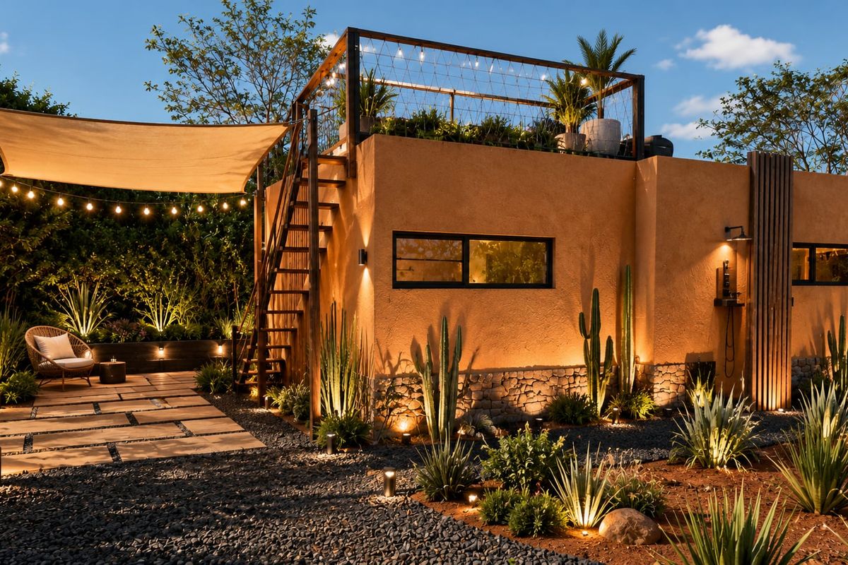 A beautifully landscaped rear exterior featuring a stone-clad lodge with a rooftop terrace, outdoor staircase, paved patio area, and ambient evening lighting.