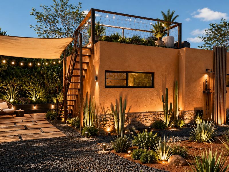 A beautifully landscaped rear exterior featuring a stone-clad lodge with a rooftop terrace, outdoor staircase, paved patio area, and ambient evening lighting.