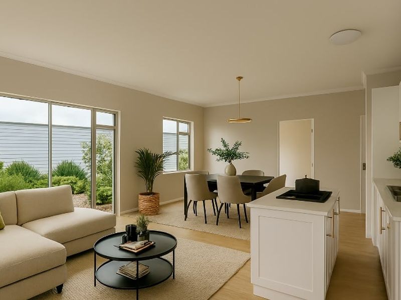 A bright and modern open-plan living and kitchen area featuring a central island, neutral cabinetry, and large windows overlooking the garden.