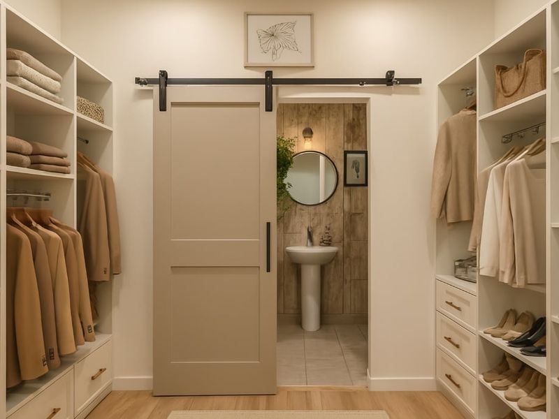 A well-organized walk-in closet featuring extensive built-in cabinetry and a sliding barn door leading to an adjoining bathroom with a pedestal sink.