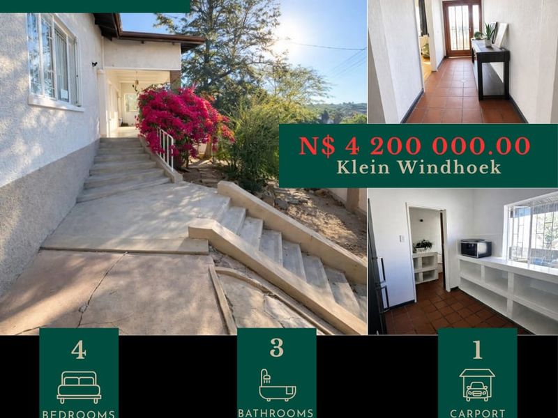A real estate marketing collage showcasing various interior and exterior views of a residential property in Klein Windhoek.