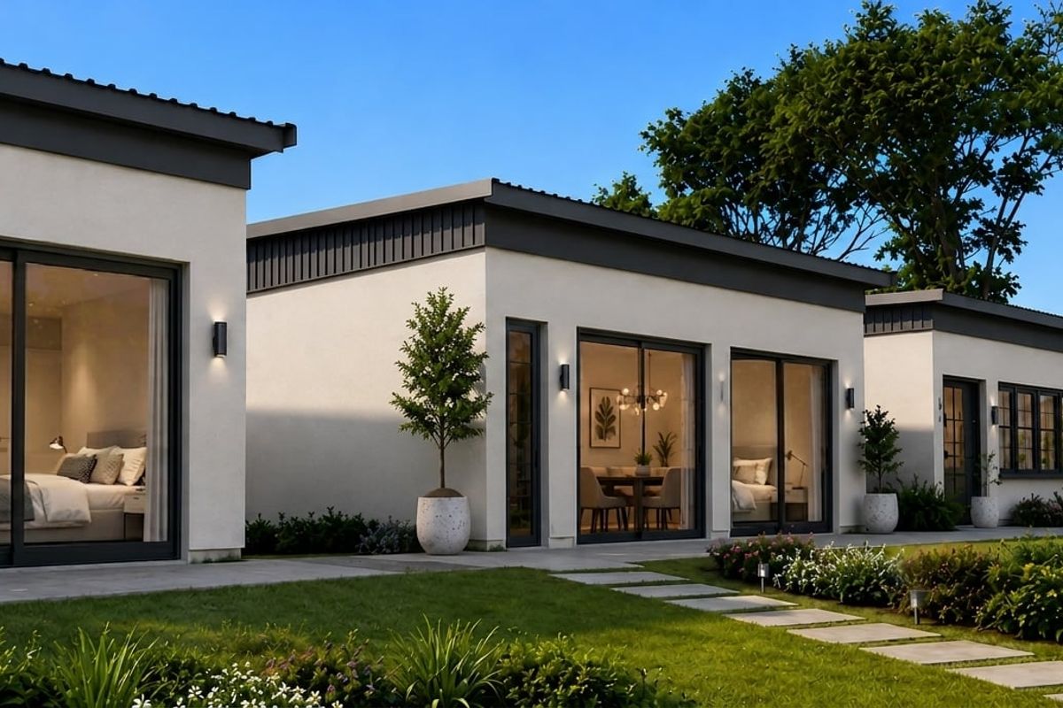 A modern residential exterior featuring clean white facades, large sliding glass doors, and a well-maintained garden with a paved walkway.