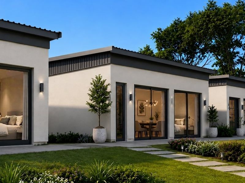 A modern residential exterior featuring clean white facades, large sliding glass doors, and a well-maintained garden with a paved walkway.