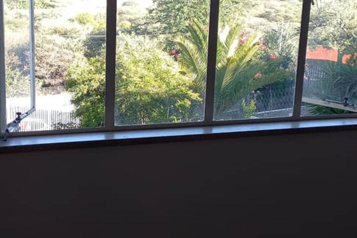 A view from an interior room featuring large metal-framed windows overlooking a landscaped garden and surrounding neighborhood.