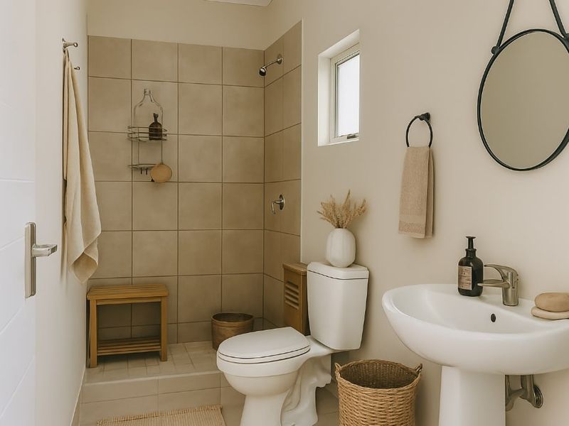 A clean and well-maintained bathroom featuring a pedestal basin, toilet, and a tiled shower enclosure with neutral finishes.