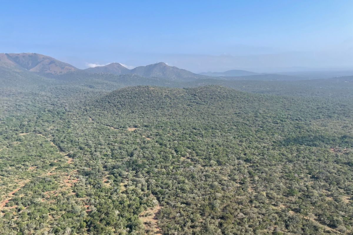An expansive aerial view of the natural farm landscape, featuring rolling hills, dense indigenous vegetation, and distant mountain ranges.