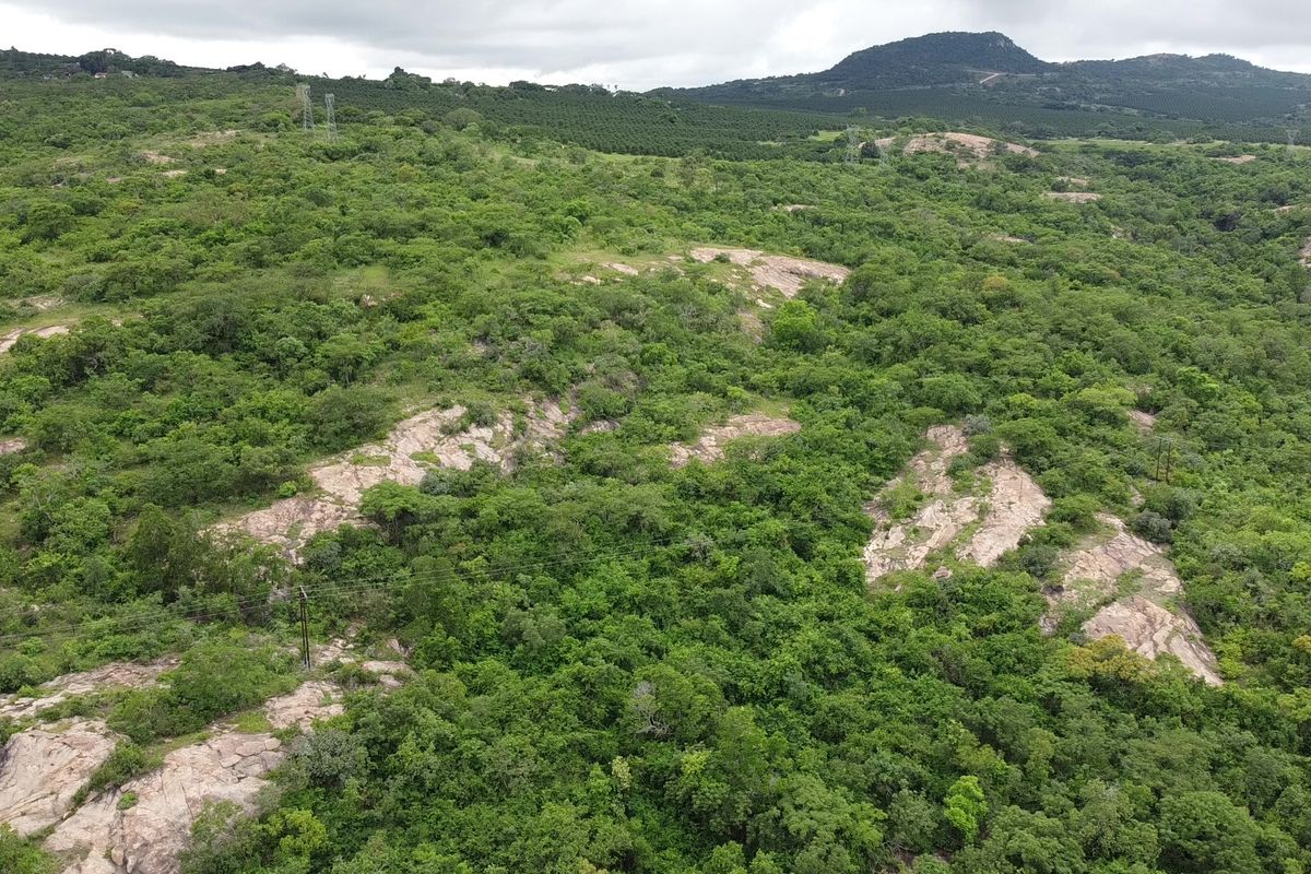 An expansive aerial view of the farm property featuring natural rock formations and dense indigenous vegetation across the hilly landscape.