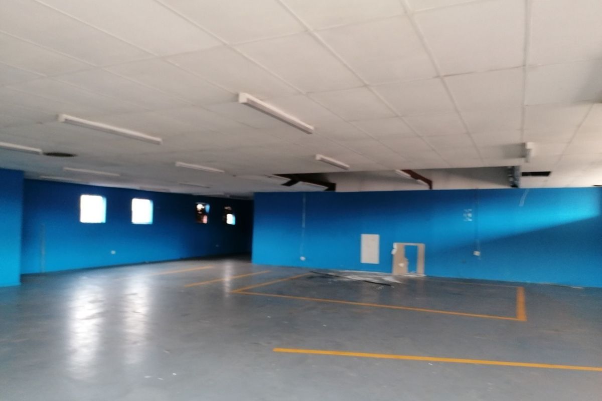 A large, open-plan office space featuring a suspended ceiling, painted concrete flooring, and blue accent walls, currently in need of maintenance and refurbishment.