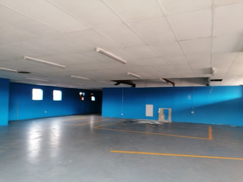A large, open-plan office space featuring a suspended ceiling, painted concrete flooring, and blue accent walls, currently in need of maintenance and refurbishment.