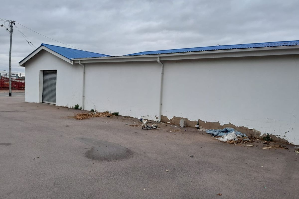 Rear exterior view of a commercial building featuring a roller shutter door, metal roofing, and asphalt paved area with visible wall surface deterioration.
