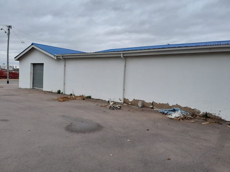 Rear exterior view of a commercial building featuring a roller shutter door, metal roofing, and asphalt paved area with visible wall surface deterioration.