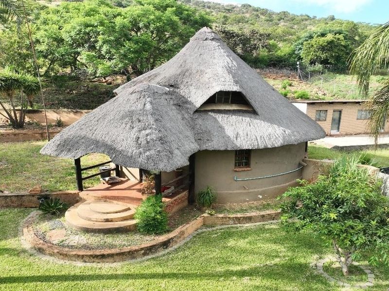 A rear view of a rustic farmhouse featuring a traditional thatched roof, a covered patio area, and landscaped garden surroundings.