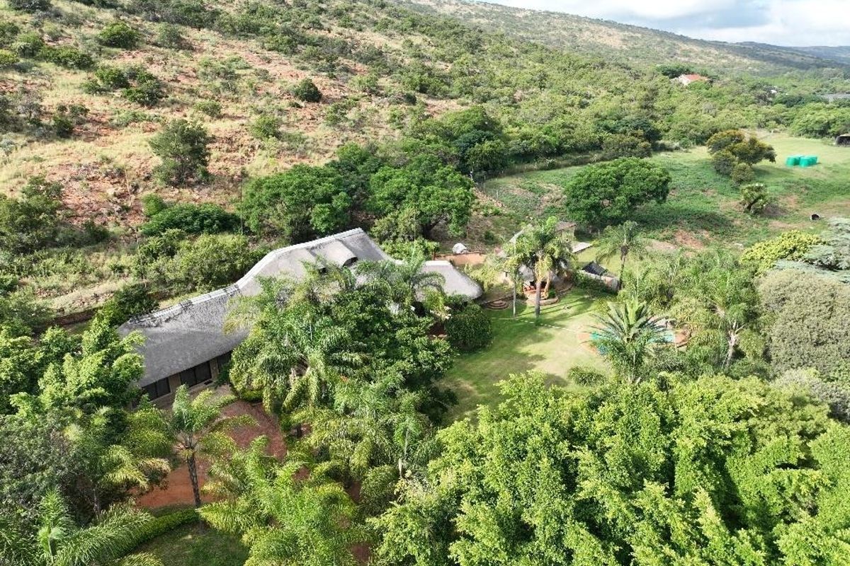 Aerial view of a farm property featuring a large residence with a traditional thatch roof, a swimming pool, and extensive landscaped grounds.