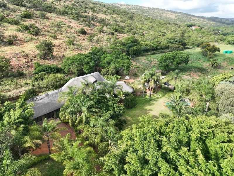 Aerial view of a farm property featuring a large residence with a traditional thatch roof, a swimming pool, and extensive landscaped grounds.